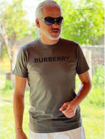 12227-BRBRY Haki Yeşil Erkek Kısakollu Tshirt Önde Büyük Baskılı