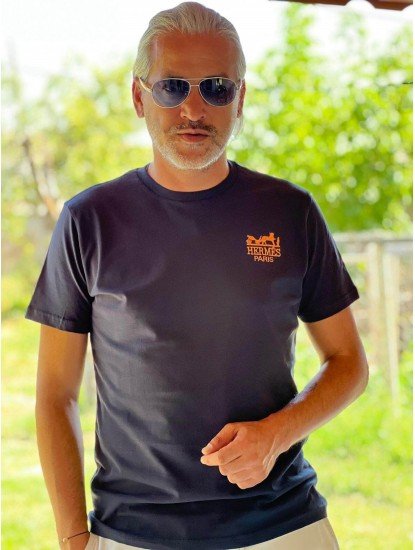 12232-Hermes Lacivert Erkek Kısakollu Tshirt Göğüste Baskılı