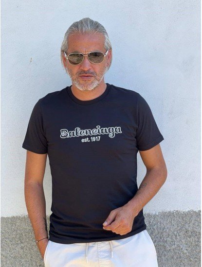 12233-Balenciaga Siyah Erkek Kısakollu Tshirt Nakışlı 