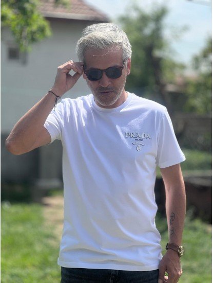 12308-PRD Önde Baskılı Beyaz Bisiklet Yaka Tshirt