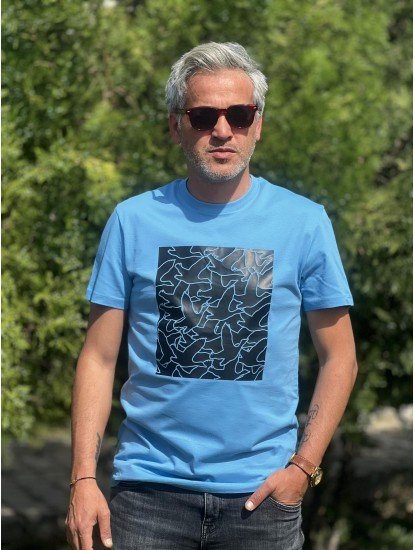 12331-BYMN Mavi Önü Kuş Desenli Bisiklet Yaka Tshirt