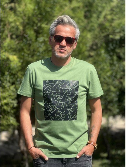 12332-BYMN Yeşil Önü Kuş Desenli Bisiklet Yaka Tshirt