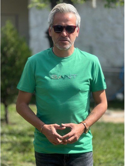12342-GNT  Yeşil Önü Nakışlı Bisiklet Yaka Tshirt