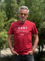12345-GNT Kırmızı Önü Baskılı Bisiklet Yaka Tshirt