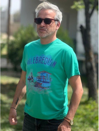 12349-VLBQN Yeşil Önü Desenli Bisiklet Yaka Tshirt