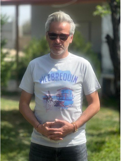 12350-VLBQN Gri Önü Desenli Bisiklet Yaka Tshirt