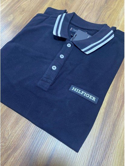 12366-TMY Lacivert Üç Düğme Kauçuk Baskılı Polo Yaka Tshirt