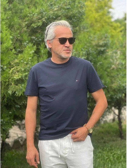 12391-TMY Lacivert  Bisiklet Yaka Tshirt