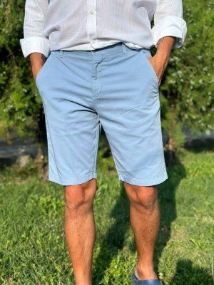 20034-Strellson Düz Mavi Slim Fit Şort