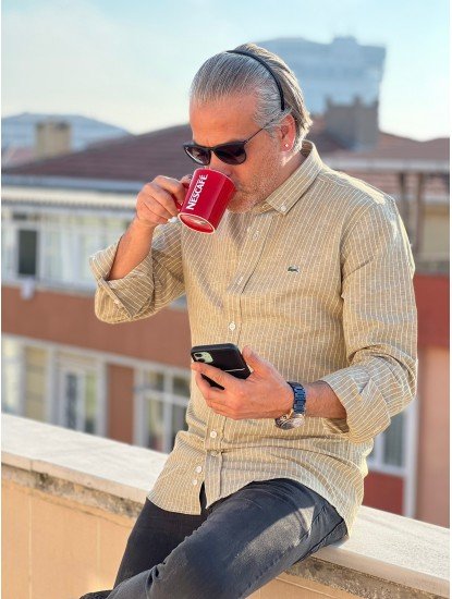 2296-LCST Bej Çizgili Slimfit Gömlek