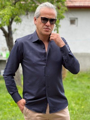 2375-Guaress Lacivert Pamuk Saten Slim Fit  Yaka Düğmesiz Gömlek (232-04)