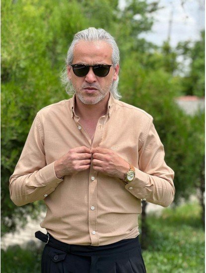 2418-JC Hardal Kendinden Desenli Pamuk Regular Fit gömlek