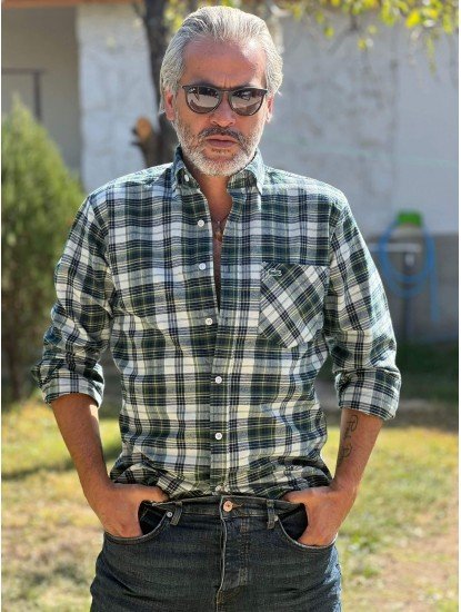 2502-LCST Slim Fit Yeşil Krem Ekoseli Cepli Oduncu Gömlek
