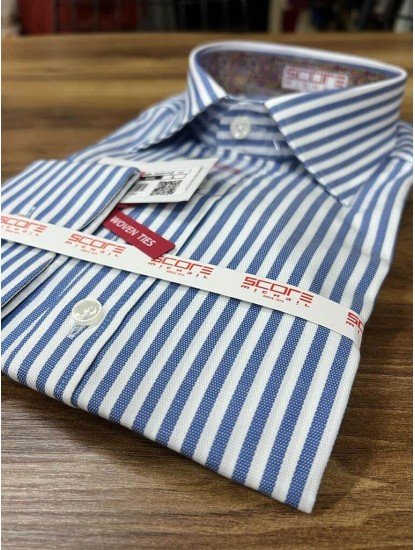 2508-Score Mavi Beyaz Çizgili Slim Fit Gömlek