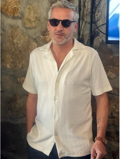 2542-Score Ekru Slim Fit Örgü Merserize Kısa Kollu Gömlek