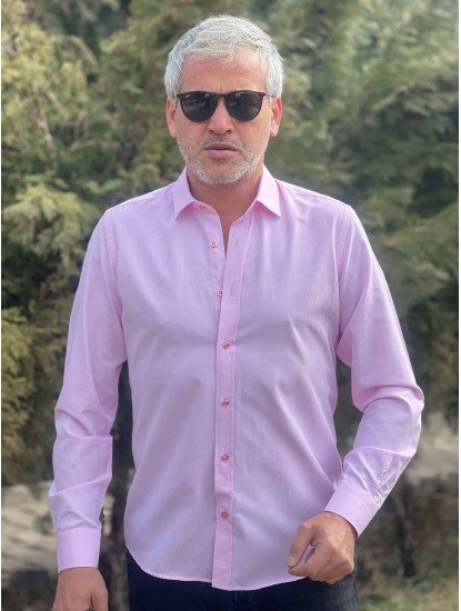 2555-Forsmen Kendinden Desenli Pembe Slim Fit Gömlek