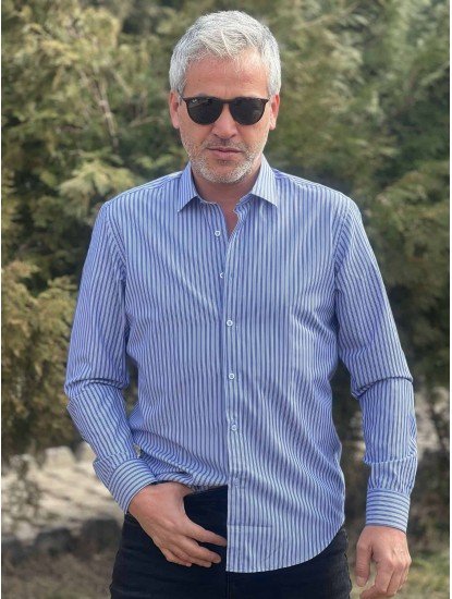 2557-Forsmen Mavi Beyaz Çizgili Slim Fit Gömlek