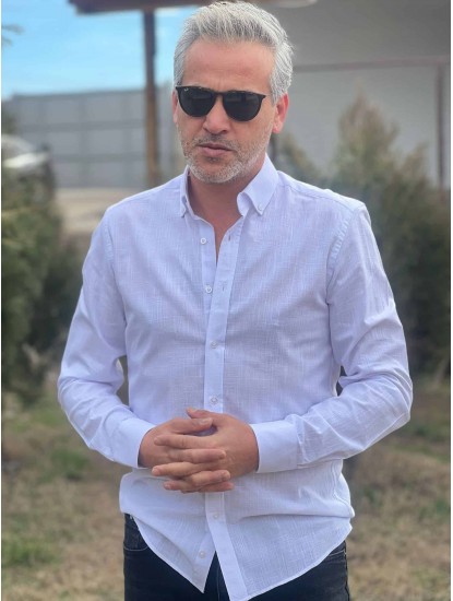 2558-Forsmen Beyaz Kendinden Desenli Keten Slim Fit Gömlek