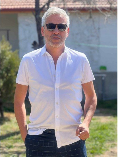2569-Zara Kısa Kollu Beyaz Penye Slim Fit Gömlek