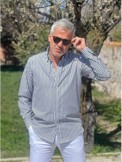 2573-Brıva Koyu Gri Çizgili Slim Fit Gömlek