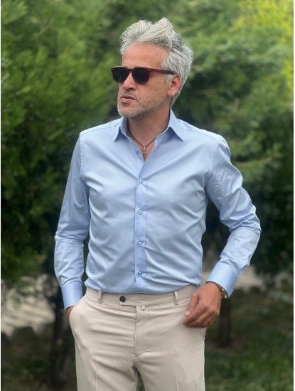 2592-Score Mavi Yaka Dümesiz Slim Fit  Gömlek