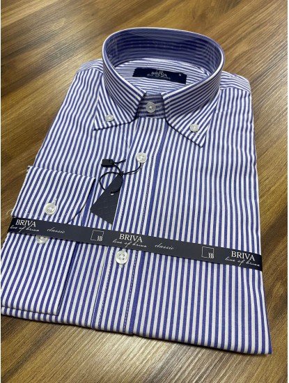 2614-Brıva Koyu Mavi Orta Çizgili Slim  Fit Gömlek