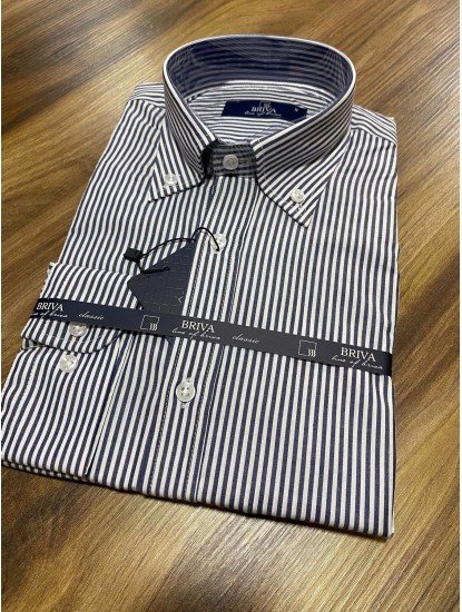2615-Brıva Beyaz Antrasit Çizgili Slim  Fit Gömlek