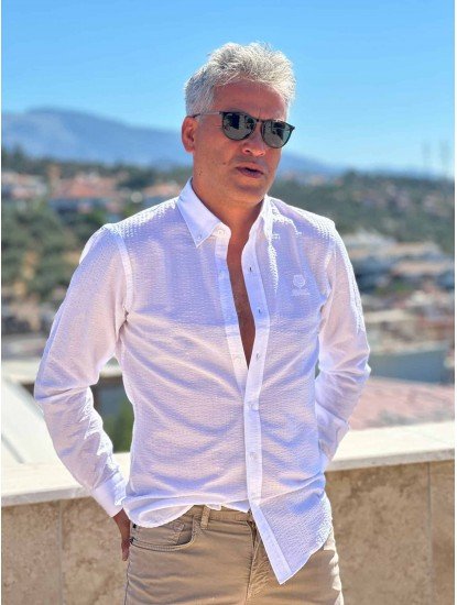 2623-Lora Piana Beyaz Kendinden Çizgili Gofre Kumaş Slim Fit Gömlek