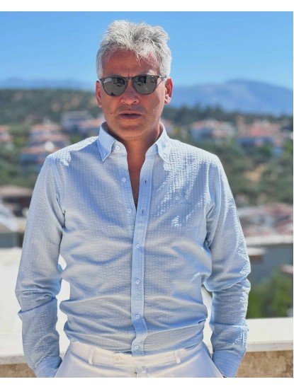 2624-Lora Piana Mavi Kendinden Çizgili Gofre Kumaş Slim Fit Gömlek