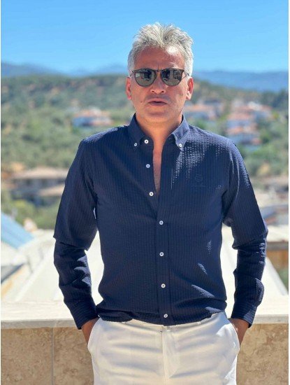 2625-Lora Piana Lacivert Kendinden Çizgili Gofre Kumaş Slim Fit Gömlek