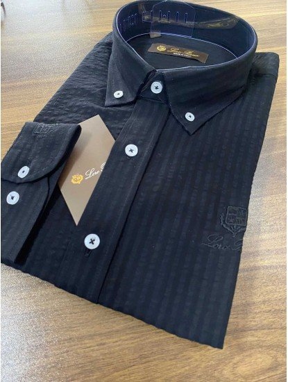 2636-Lora Piana Siyah Gofre Kumaş Slim Fit Gömlek