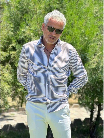 2638-Brıva Açık Kahve Çizgili Slim Fit Gömlek