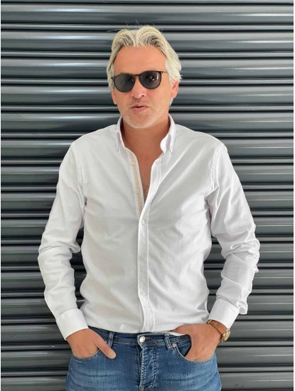 2681-Briva Slim Fit Garnili Beyaz Pamuk Gömlek 
