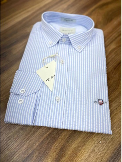 2694-GNT Mavi Çizgili Gofre Kumaş Comfort Fit Gömlek 