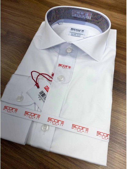 2733-Score Beyaz Pamuk Saten Slim Fit Gömlek 