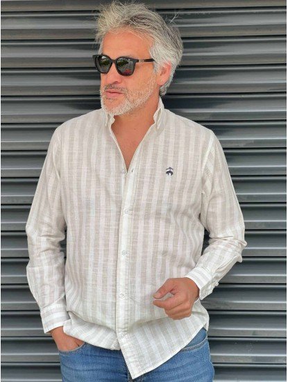 2768- Brooks Brothers Krem Kalın Çizgili Regular Fit Keten Gömlek