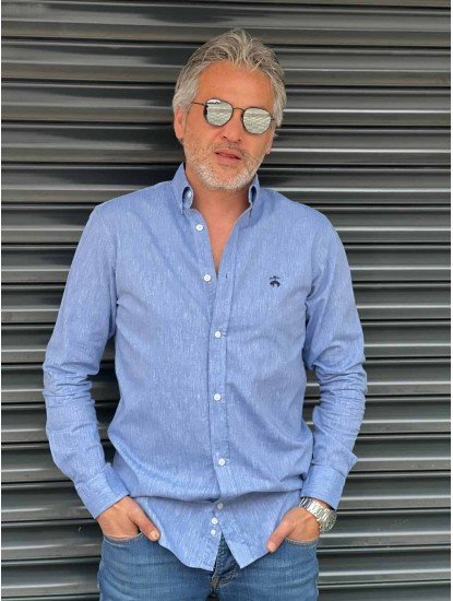 2769- Brooks Brothers Mavi  Regular Fit Keten Gömlek