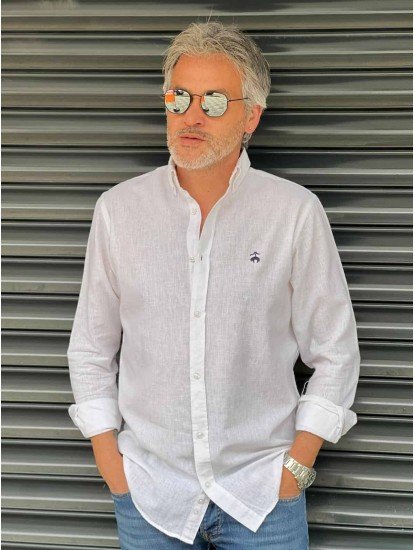 2772- Brooks Brothers Beyaz Rengi  Regular Fit Keten Gömlek