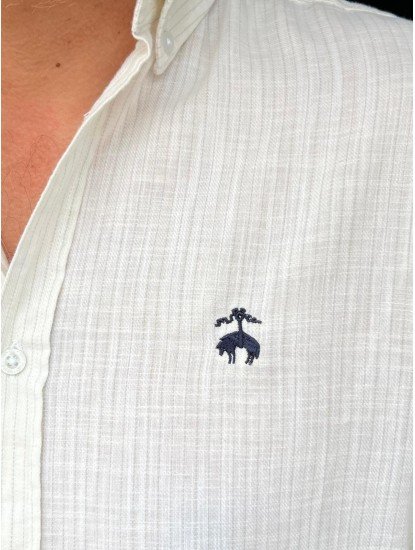 2776- Brooks Brothers Krem İnce Çizgili  Regular Fit Keten Gömlek