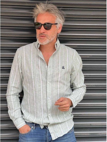 2777- Brooks Brothers Yeşil Çizgili  Regular Fit Keten Gömlek