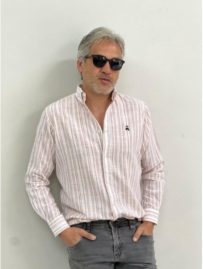 2779- Brooks Brothers  Beyaz Kiremit Çizgili  Regular Fit Keten Gömlek