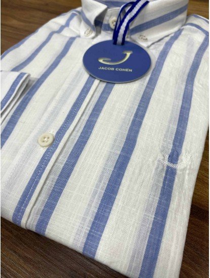 2789- JC Beyaz Mavi Keten Regular Fit Gömlek