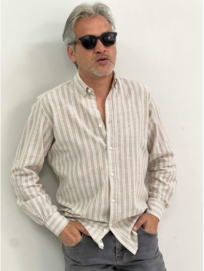 2790- JC Vizon Çizgili Keten Regular Fit Gömlek