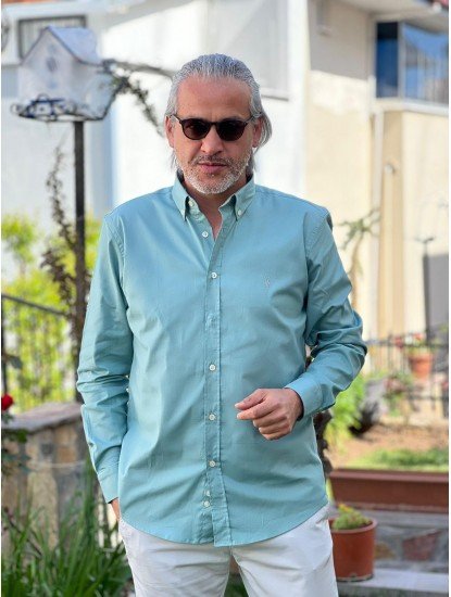 2367-ALSNT Su Yeşili Slim Fit Kendinden Dokulu Gömlek