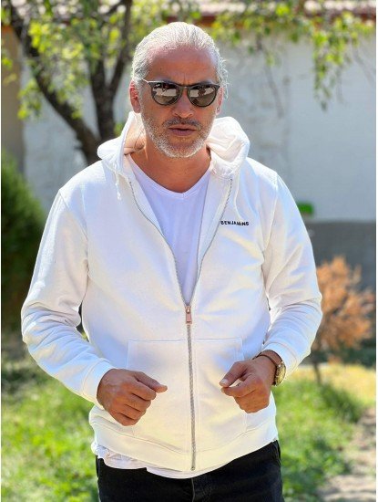 6068-Les Benjamin Beyaz Sweat Fermuarlı Kapşonlu