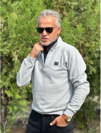 6125-Sir Raymond Tailor Yarım Fermuarlı Gri Selanik Örme Sweath
