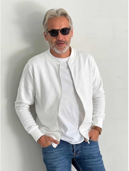 6169- CK Ekru Hakim Yaka Ön Ve Arka Nakışlı Fermuarlı Slim Fit Sweath
