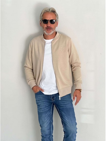 6171- CK Kemik Rengi Hakim Yaka Ön Ve Arka Nakışlı Fermuarlı Slim Fit Sweath