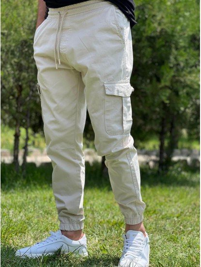 7037-Yep Krem Rengi Kargo Cepli Joger Pantolon