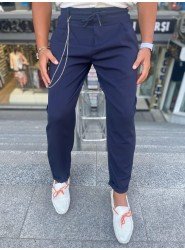 7055-Dont Panic Lacivert Atlas Kumaş Double Paça Zincir Detaylı Pantolon